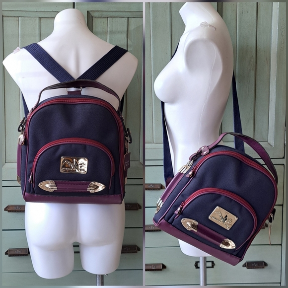 Small Canvas & Leather Backpack Navy and Plum with Silver Hardware Bee Accent - Picture 1 of 14